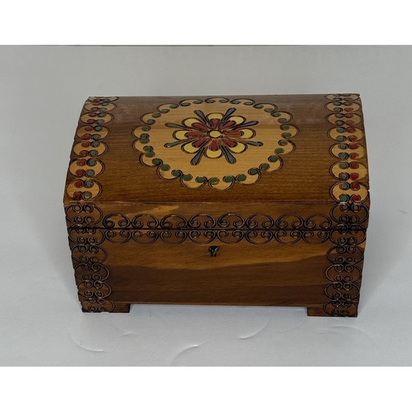 The Unbranded Brand Other - Vintage Polish Pyrography Wooden Box Folk Art Trunk Keepsake Chest 1981 Poland